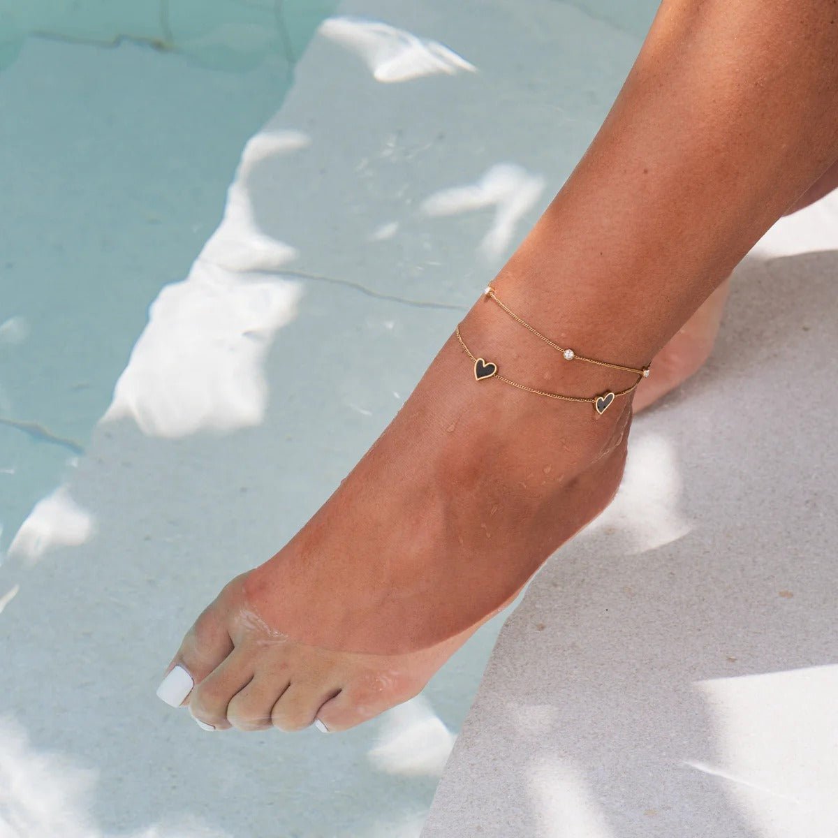 Double Heart Anklet with Stone | 18K Gold