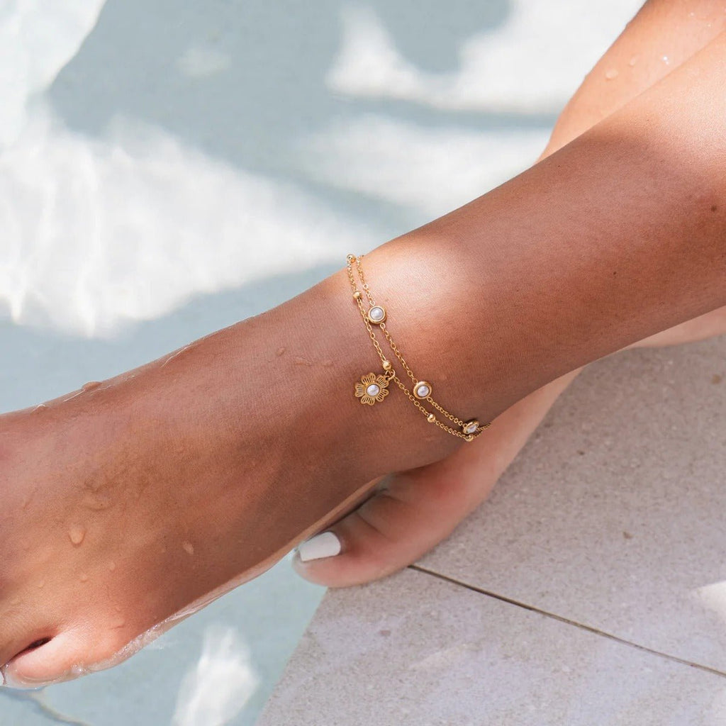 Double Floral Pearl Anklet | 18K Gold