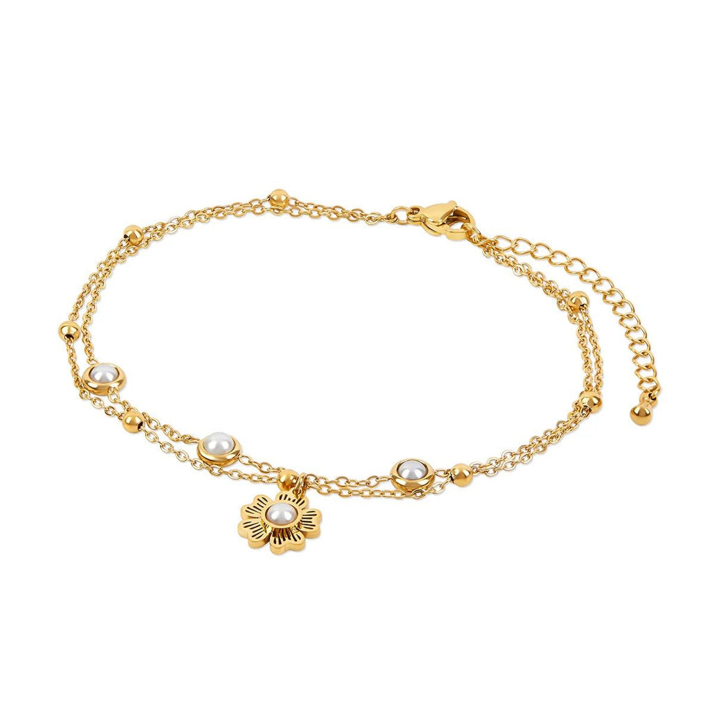 Double Floral Pearl Anklet | 18K Gold